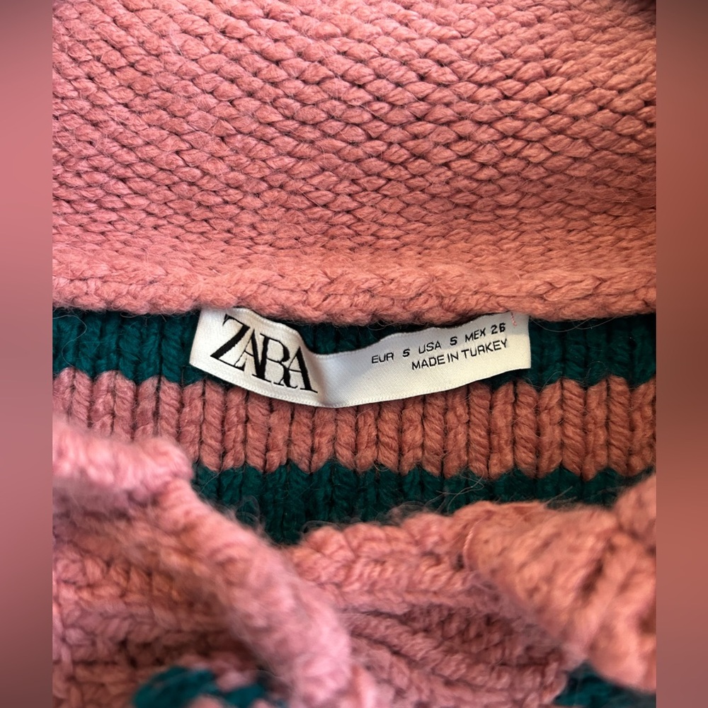 ZARA Ruffled Striped Cable Knit Sweater Pink Green Size S - Picture 10 of 11